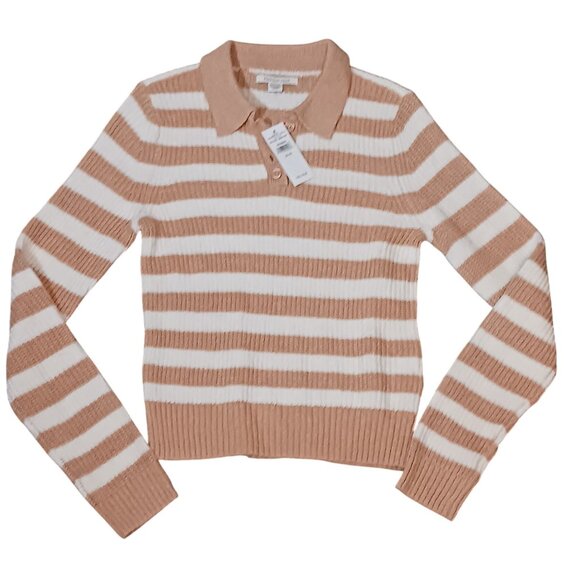 NEW American Eagle Henley Collared Tan/White Striped‎ Sweater Size XS Preppy - Picture 2 of 9